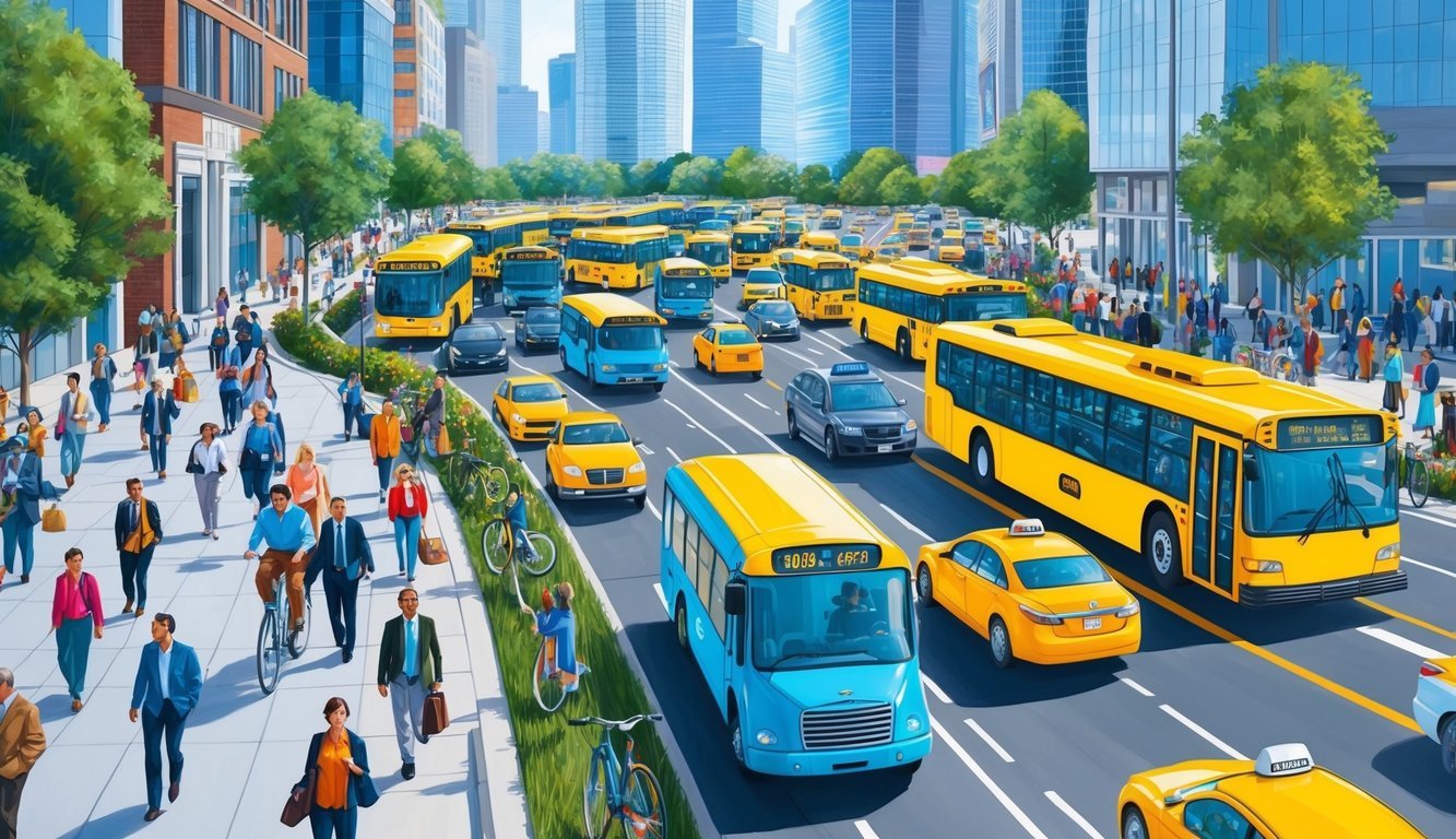Busy street with colorful buses, taxis, and bicycles weaving through traffic.</p><p>Pedestrians navigate crowded sidewalks, with modern skyscrapers in the background