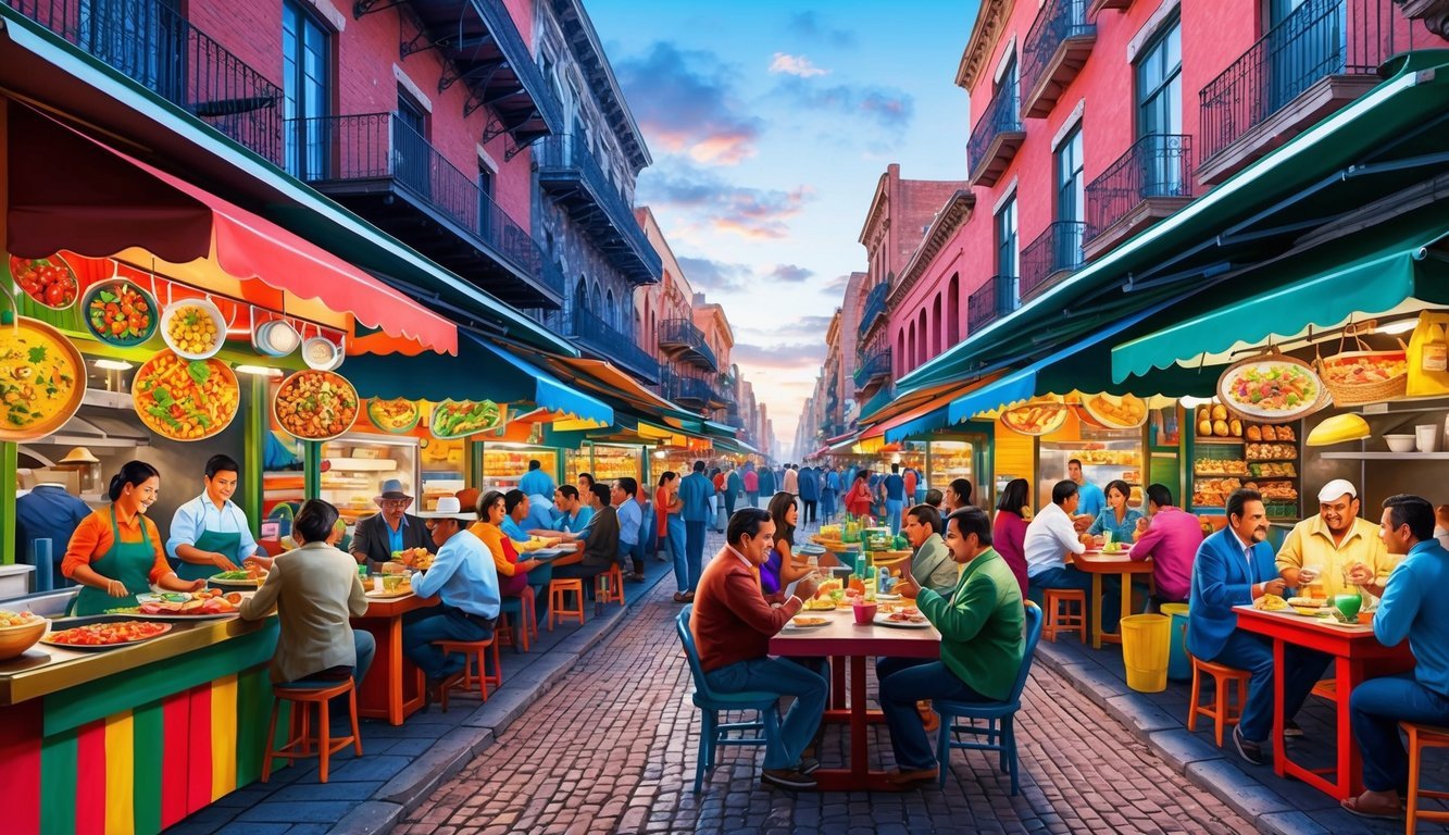 A bustling street market in Mexico City, with colorful food stalls and outdoor dining areas filled with locals and tourists enjoying traditional Mexican cuisine