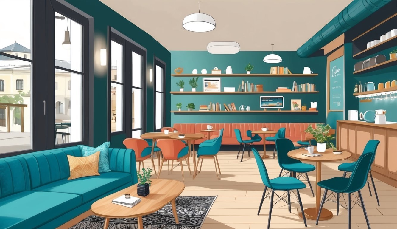 A cozy cafe in Tbilisi with modern decor and plenty of natural light, perfect for digital nomads to work and relax
