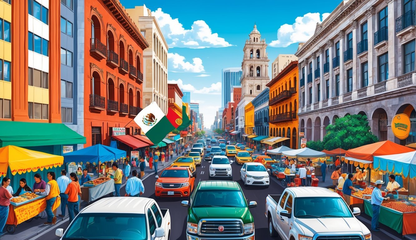 Busy Mexico City street with colorful buildings, food vendors, and bustling traffic.</p><p>A mix of modern and historic architecture