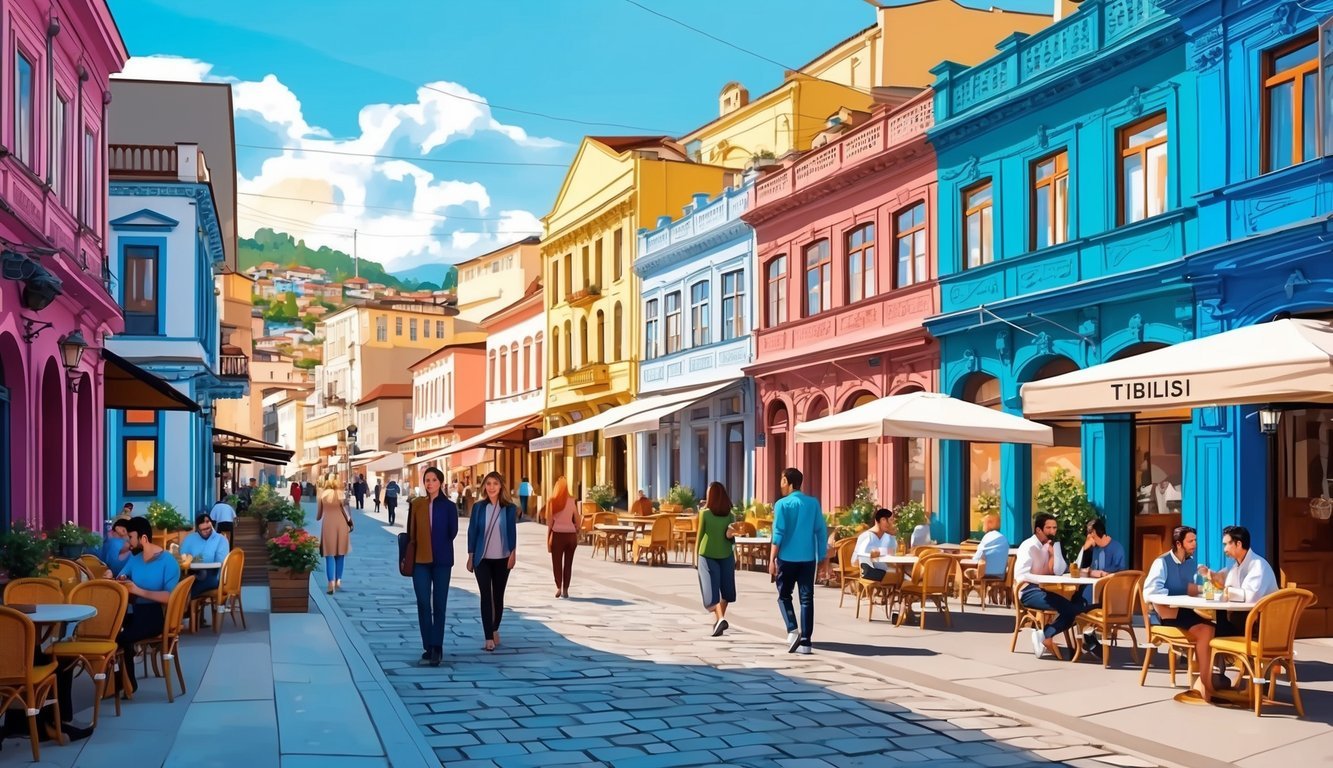 A bustling Tbilisi street with colorful buildings, outdoor cafes, and locals strolling by.</p><p>A mix of traditional and modern architecture creates a vibrant atmosphere for digital nomads