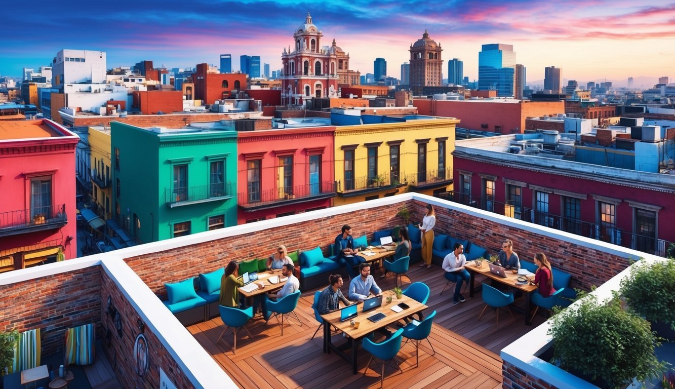 A bustling rooftop terrace overlooks the colorful streets of Mexico City, where digital nomads gather to work, socialize, and enjoy the vibrant community atmosphere