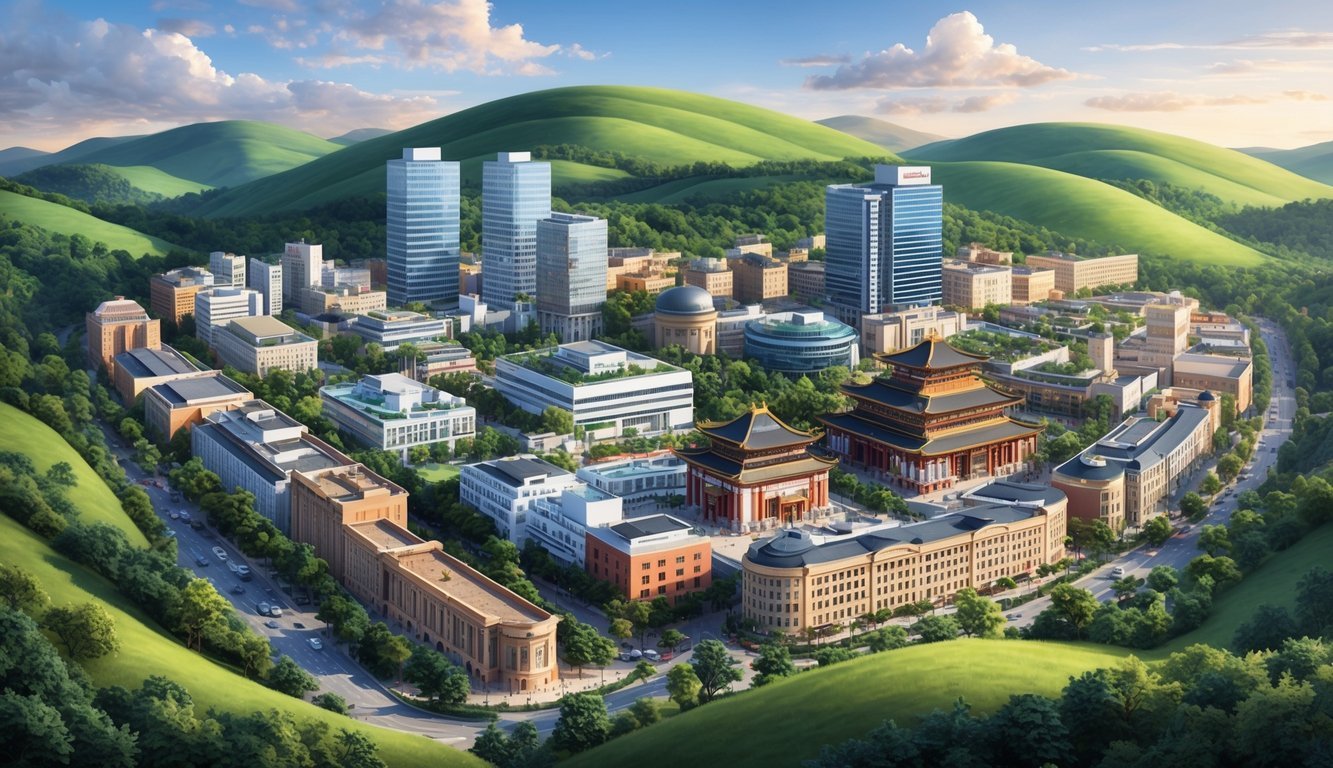 A bustling cityscape with modern buildings and traditional architecture, surrounded by lush greenery and nestled between rolling hills