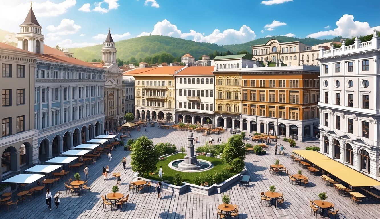 A bustling city square in Tbilisi, Georgia, with a mix of modern and historic buildings, surrounded by cafes and coworking spaces