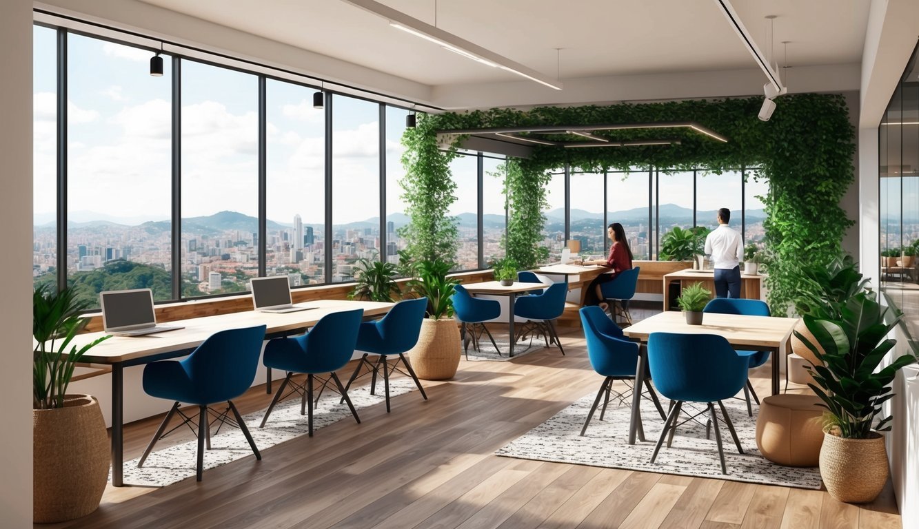 A cozy coworking space in Medellín, Colombia, with modern workstations, lush greenery, and panoramic city views