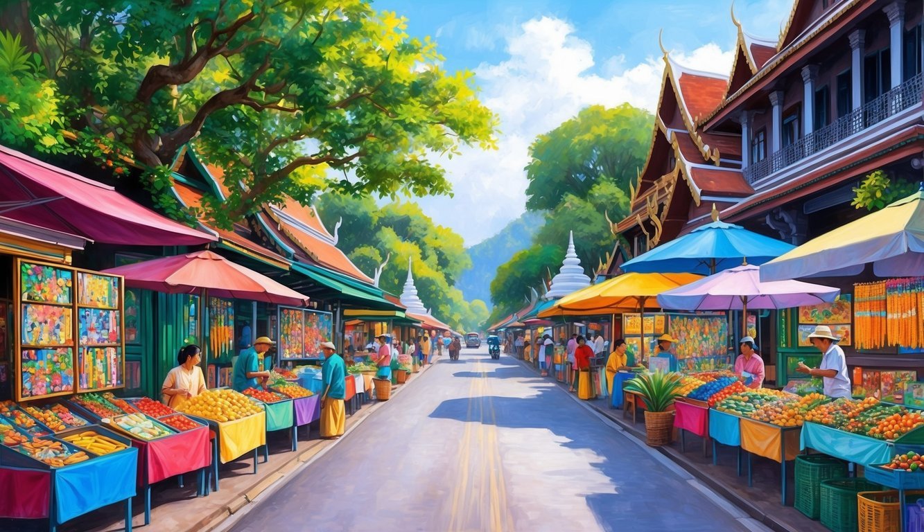 A bustling street in Chiang Mai, lined with colorful market stalls and vibrant street art, surrounded by lush greenery and traditional Thai architecture