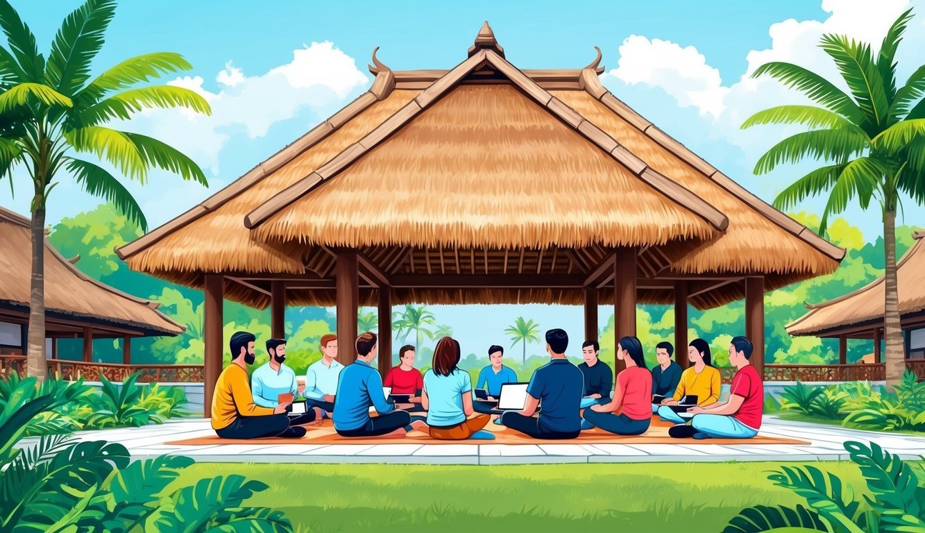 A group of digital nomads gather under a thatched roof pavilion, surrounded by lush greenery and traditional Balinese architecture