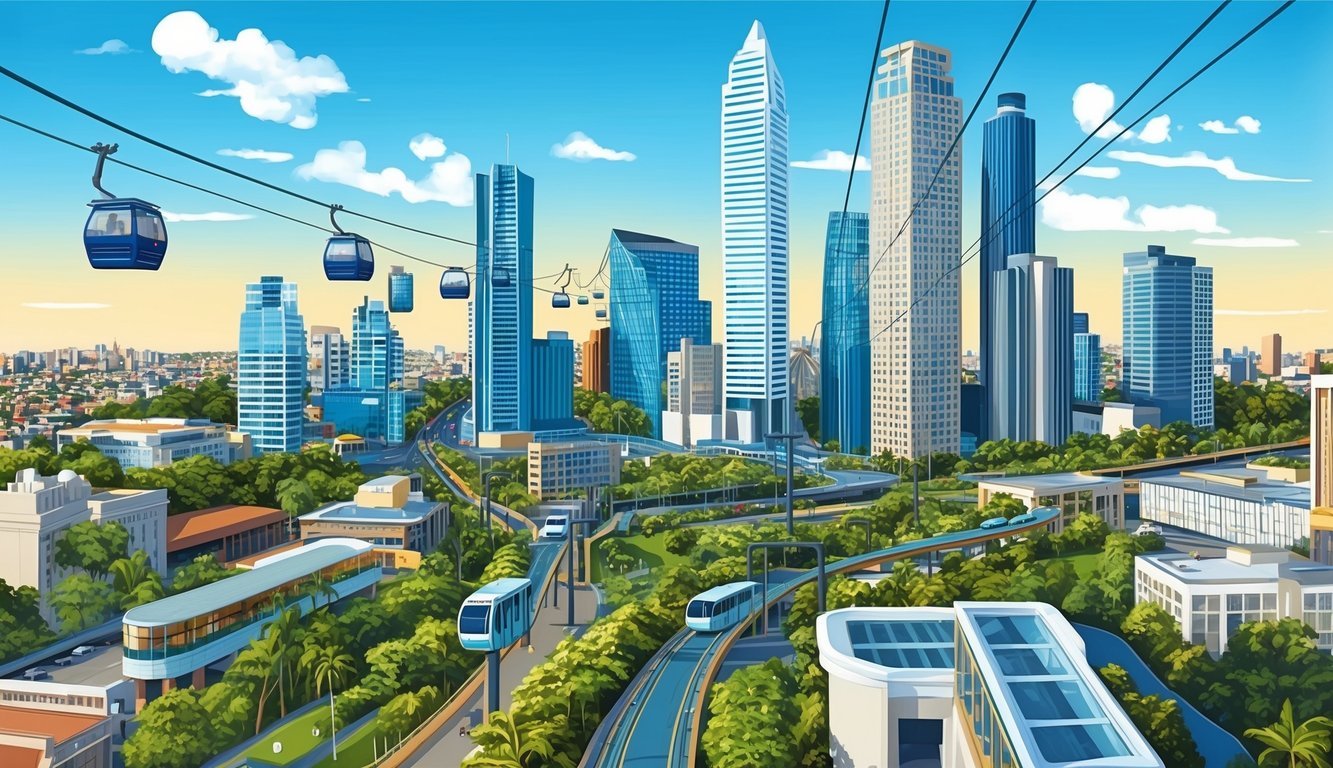 A bustling cityscape with modern skyscrapers, cable cars, and public transportation weaving through the urban landscape of Medellín, Colombia
