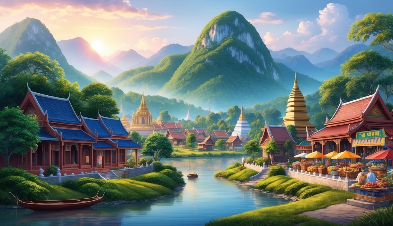 A tranquil mountain view with a quaint village nestled among lush greenery, surrounded by temples and vibrant markets