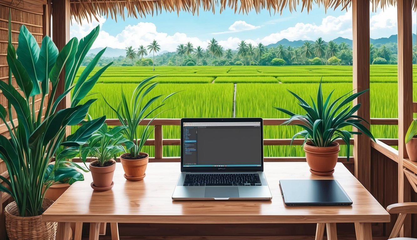 A cozy, open-air workspace with a laptop, tropical plants, and a view of lush green rice fields in the distance