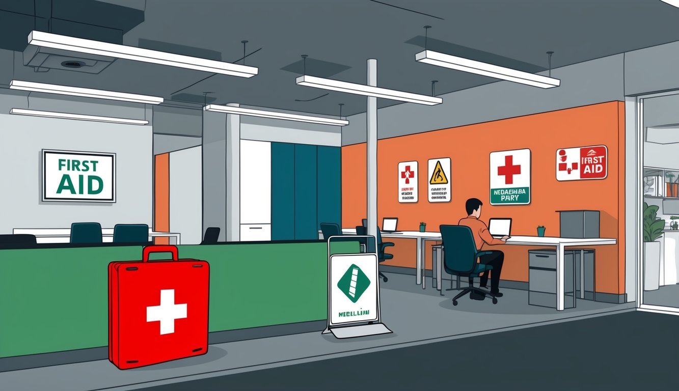 A modern coworking space in Medellín, Colombia, with a first aid kit and safety signs prominently displayed