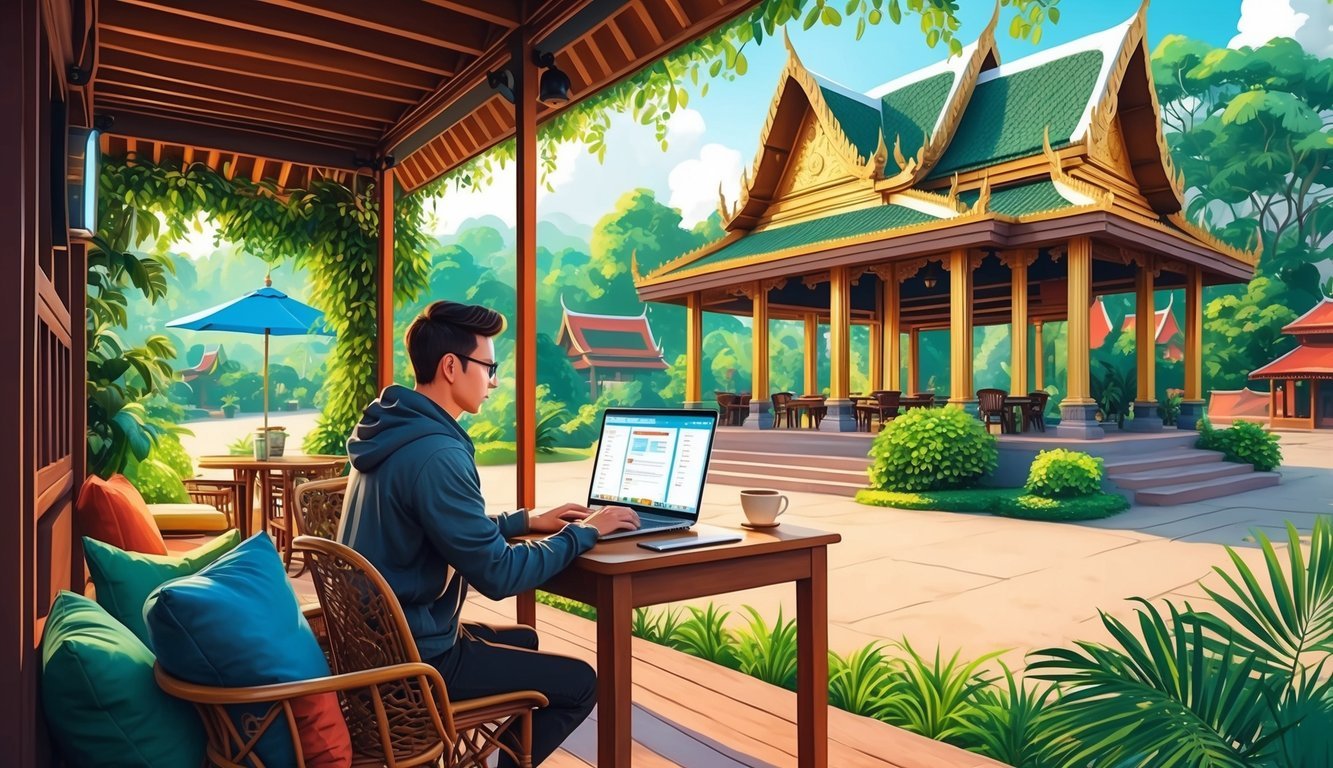 A digital nomad working at a cozy outdoor cafe in Chiang Mai, surrounded by lush greenery and traditional Thai architecture