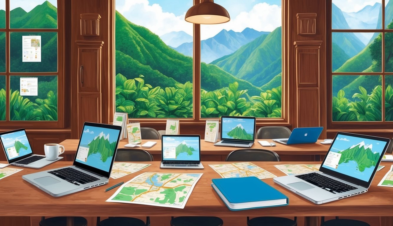 A cozy coffee shop with laptops, notebooks, and maps scattered across the tables.</p><p>Lush green mountains visible through the window
