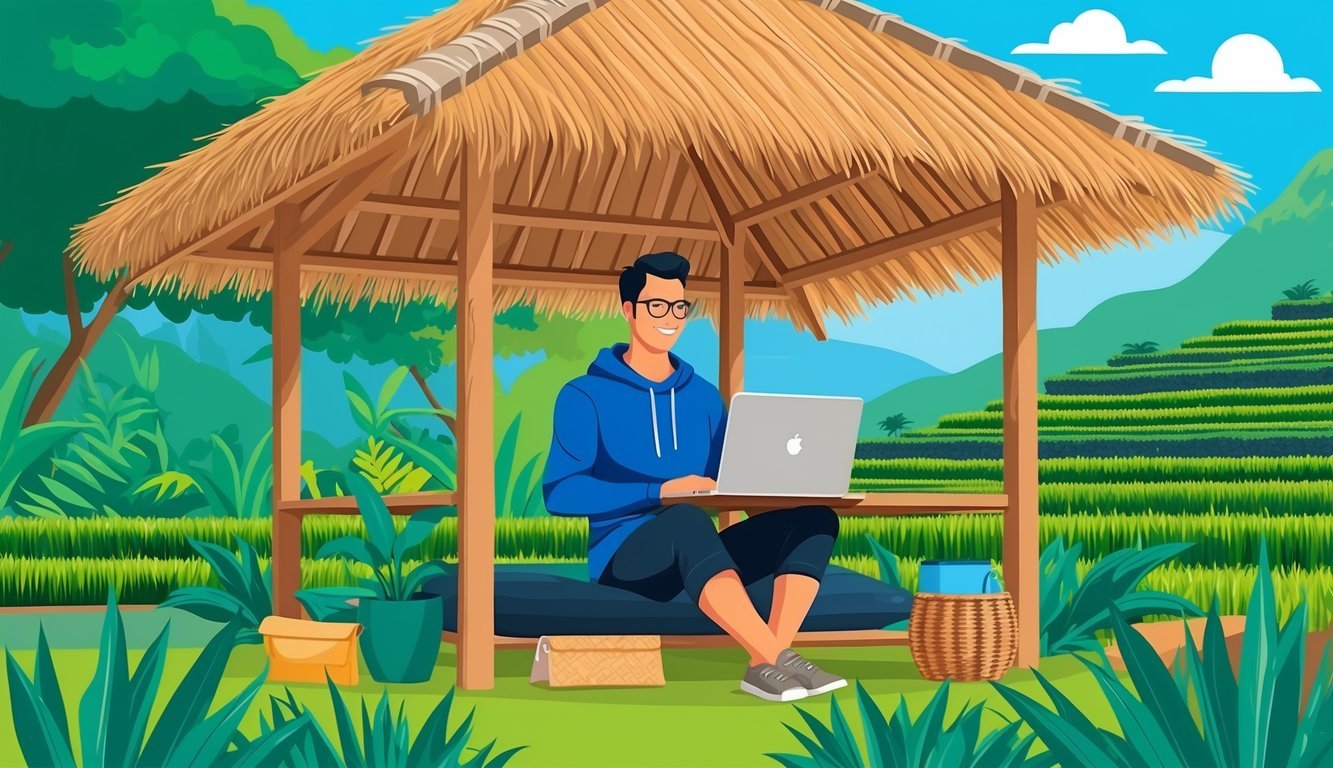 A digital nomad works on a laptop under a thatched roof hut, surrounded by lush greenery and rice terraces in Bali, Indonesia