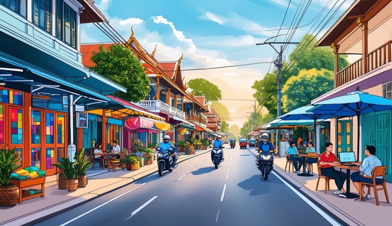 A bustling street in Chiang Mai, Thailand with a colorful market and modern co-working spaces