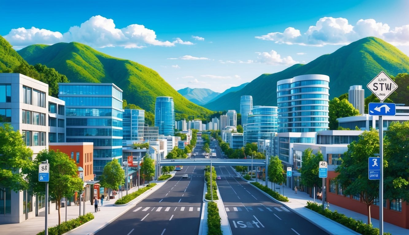 A bustling cityscape with modern buildings and street signs, surrounded by lush green mountains and a clear blue sky