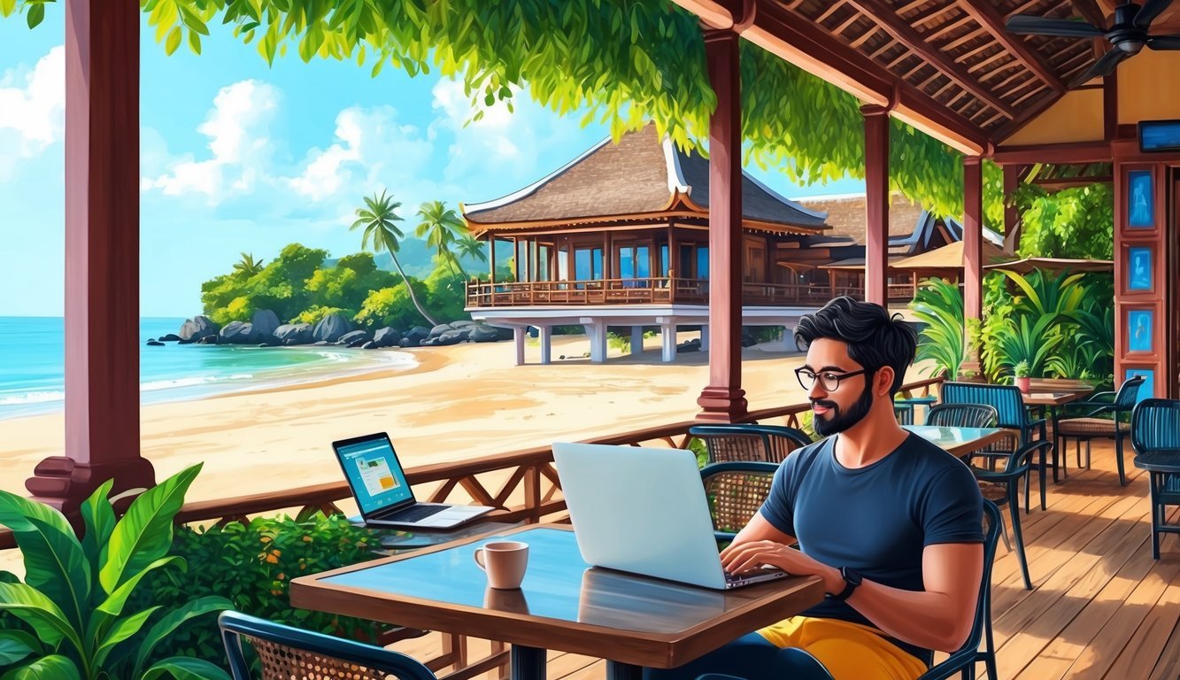 A digital nomad working on a laptop in a beachfront cafe, surrounded by lush greenery and traditional Balinese architecture