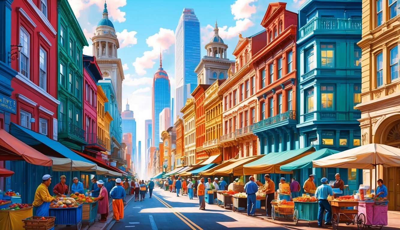 Busy street with colorful buildings, bustling markets, and street vendors.</p><p>Skyscrapers and historic architecture blend in the vibrant urban landscape