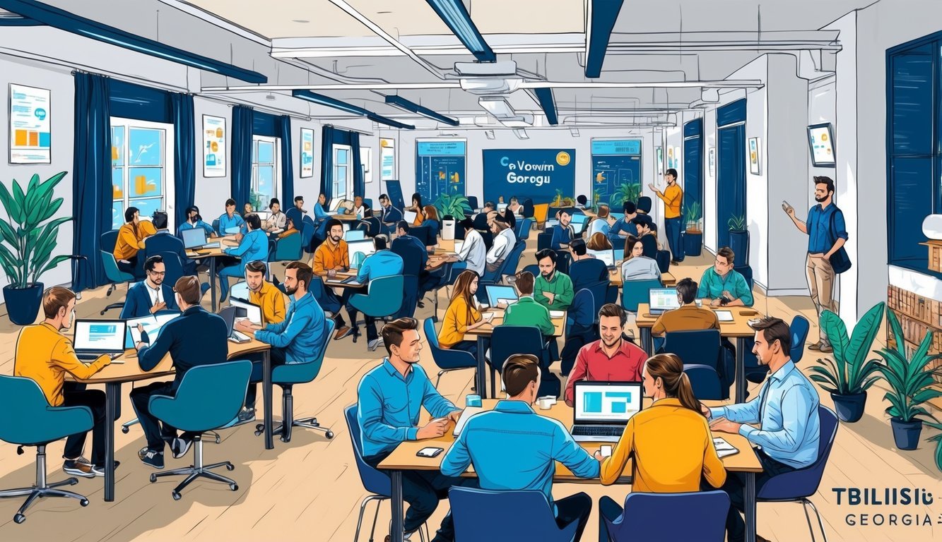 A bustling co-working space in Tbilisi, Georgia, filled with digital nomads collaborating, networking, and exchanging ideas