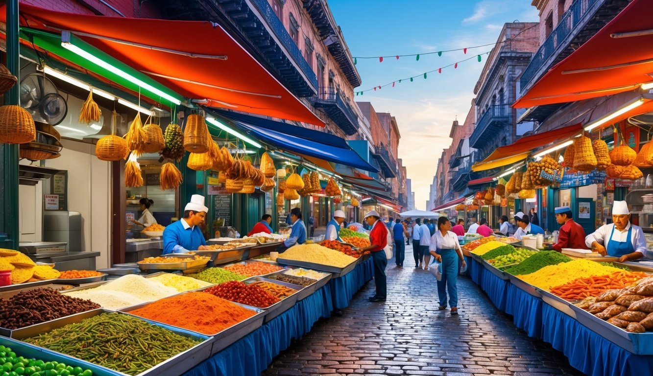 A bustling street market in Mexico City, filled with colorful food stalls and the tantalizing aroma of authentic Mexican cuisine