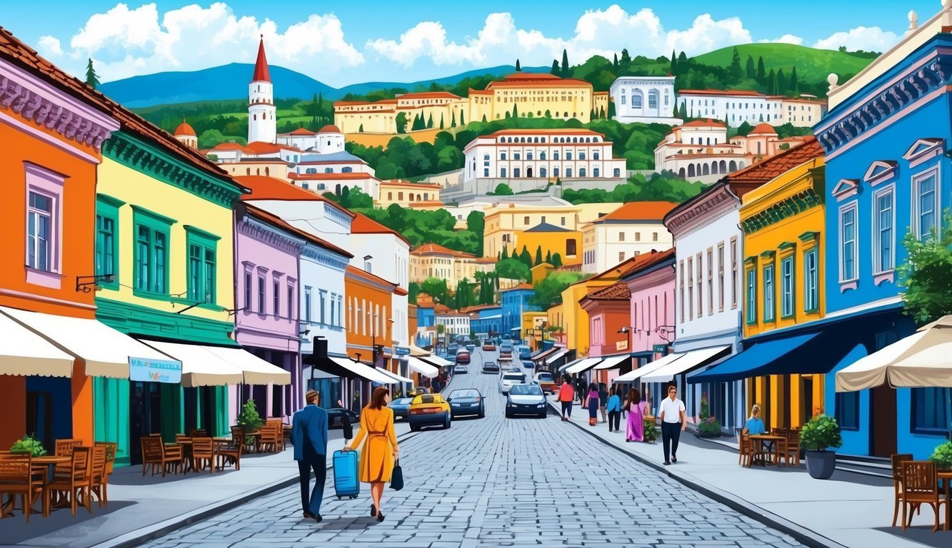 A bustling city street in Tbilisi, Georgia, with a backdrop of colorful buildings and a mix of modern and traditional architecture