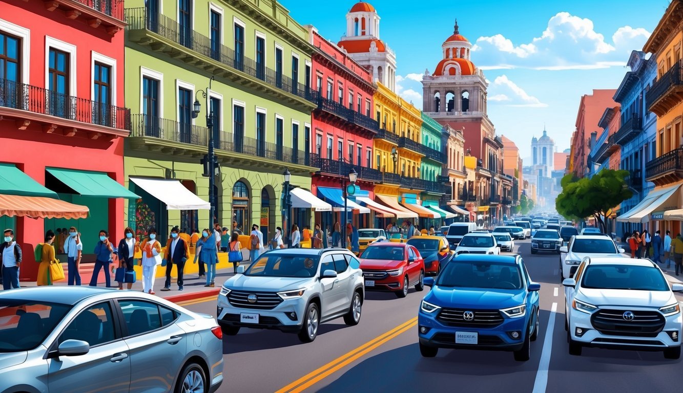 Busy Mexico City street with colorful buildings, bustling markets, and people wearing face masks.</p><p>Traffic moves along with the backdrop of historic architecture