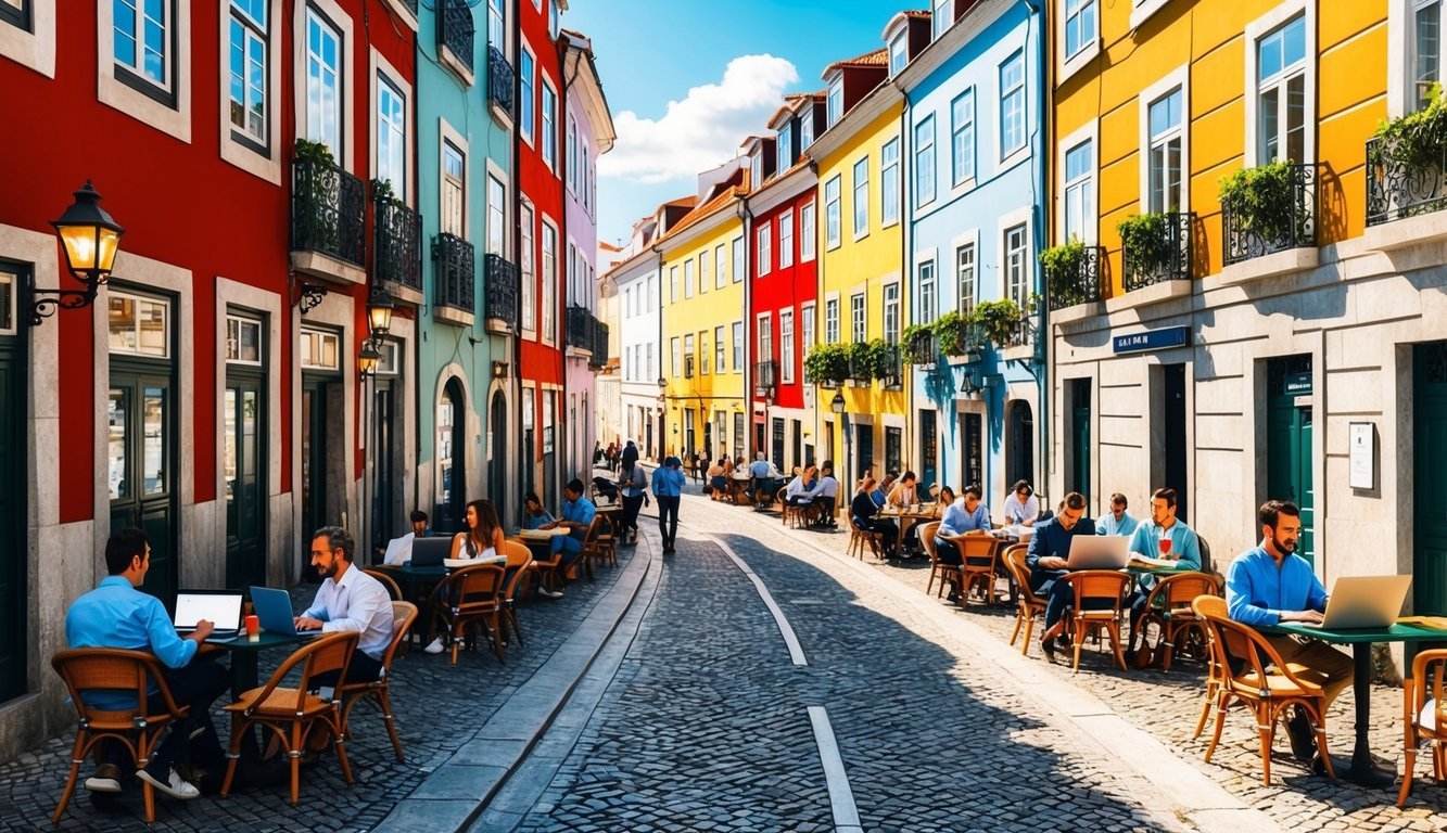 A bustling Lisbon street with colorful buildings, outdoor cafes, and people working on laptops