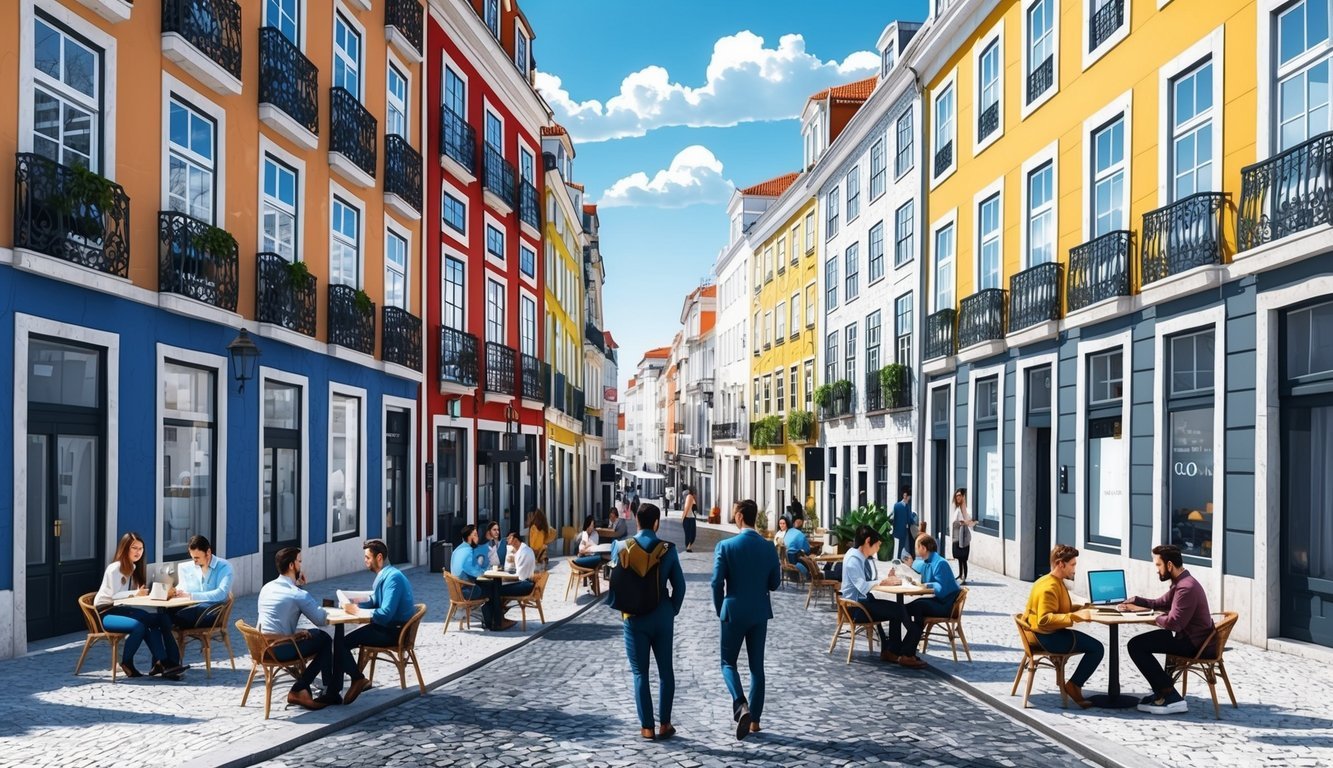 A bustling Lisbon street with a mix of modern and historic buildings, cafes, and co-working spaces, filled with digital nomads seeking information
