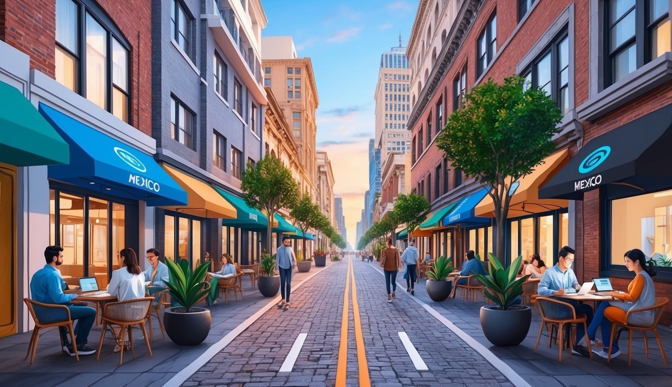 A bustling Mexico City street with modern co-working spaces, cafes, and high-speed internet cafes catering to digital nomads