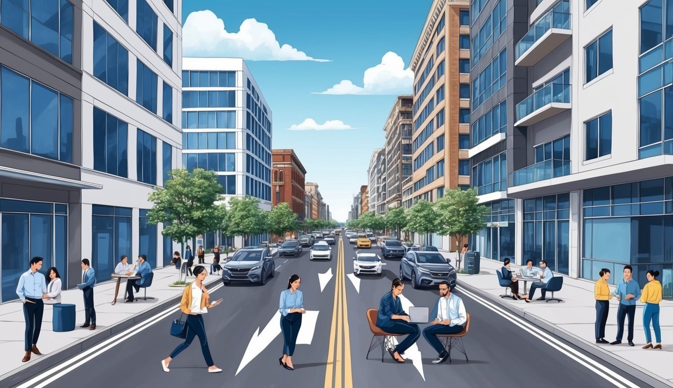 Busy Mexico City street with modern office buildings, coworking spaces, and legal service offices.</p><p>A mix of people and digital nomads working and networking
