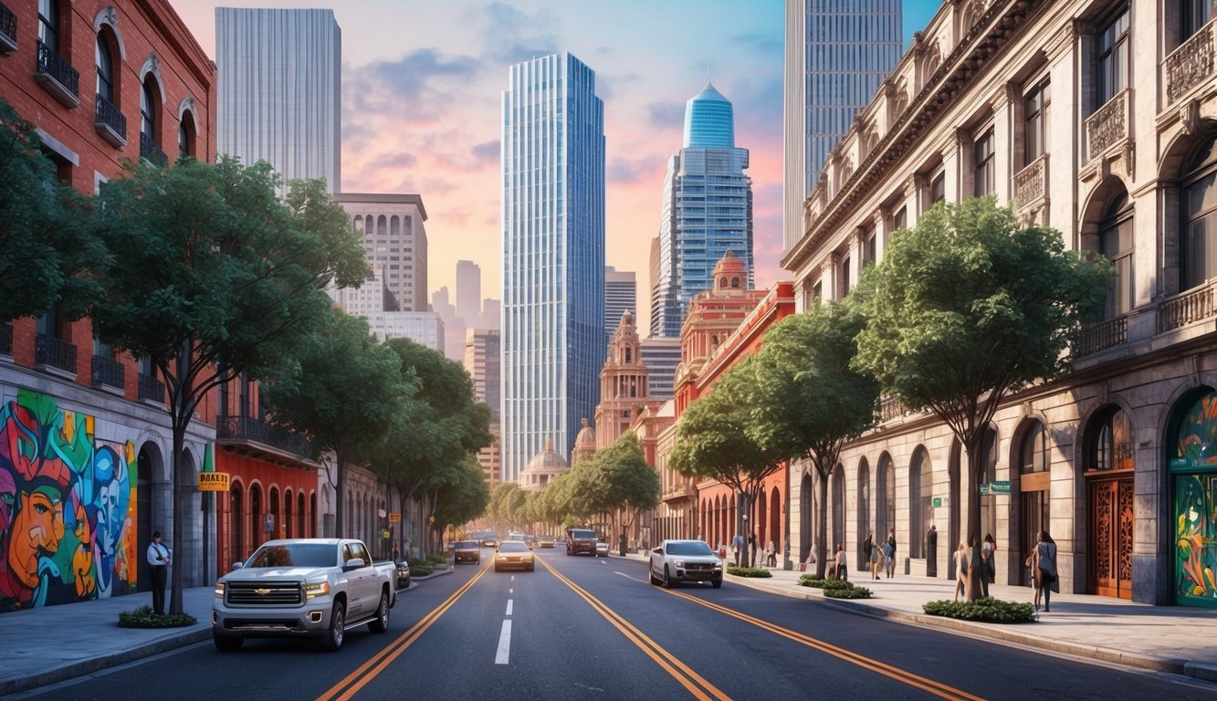A bustling Mexico City street with modern skyscrapers and historic architecture, surrounded by lush greenery and vibrant street art