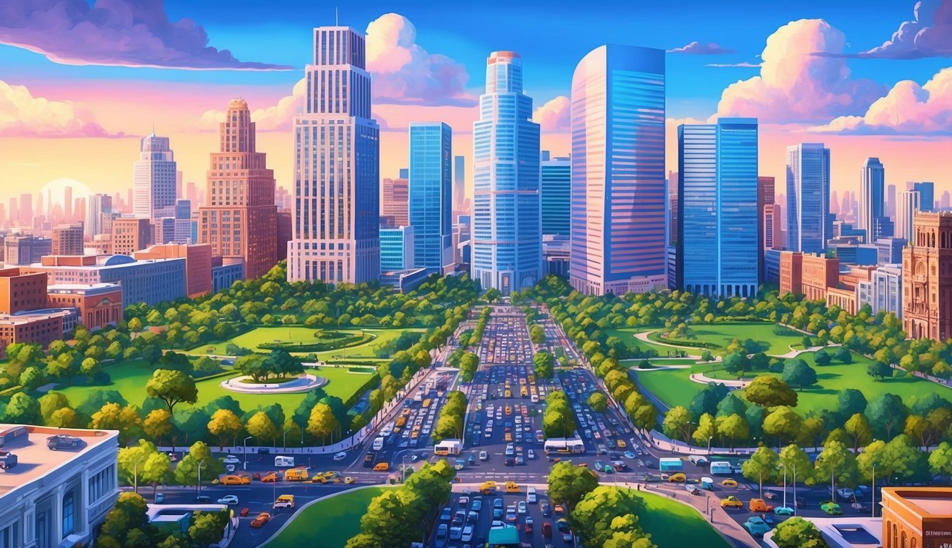 A bustling cityscape with skyscrapers, parks, and busy streets, showcasing the vibrant energy of Mexico City for digital nomads