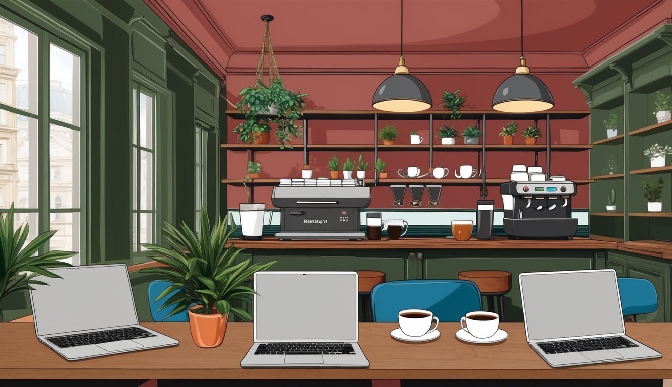 A cozy cafe in Budapest with laptops, coffee, and plants