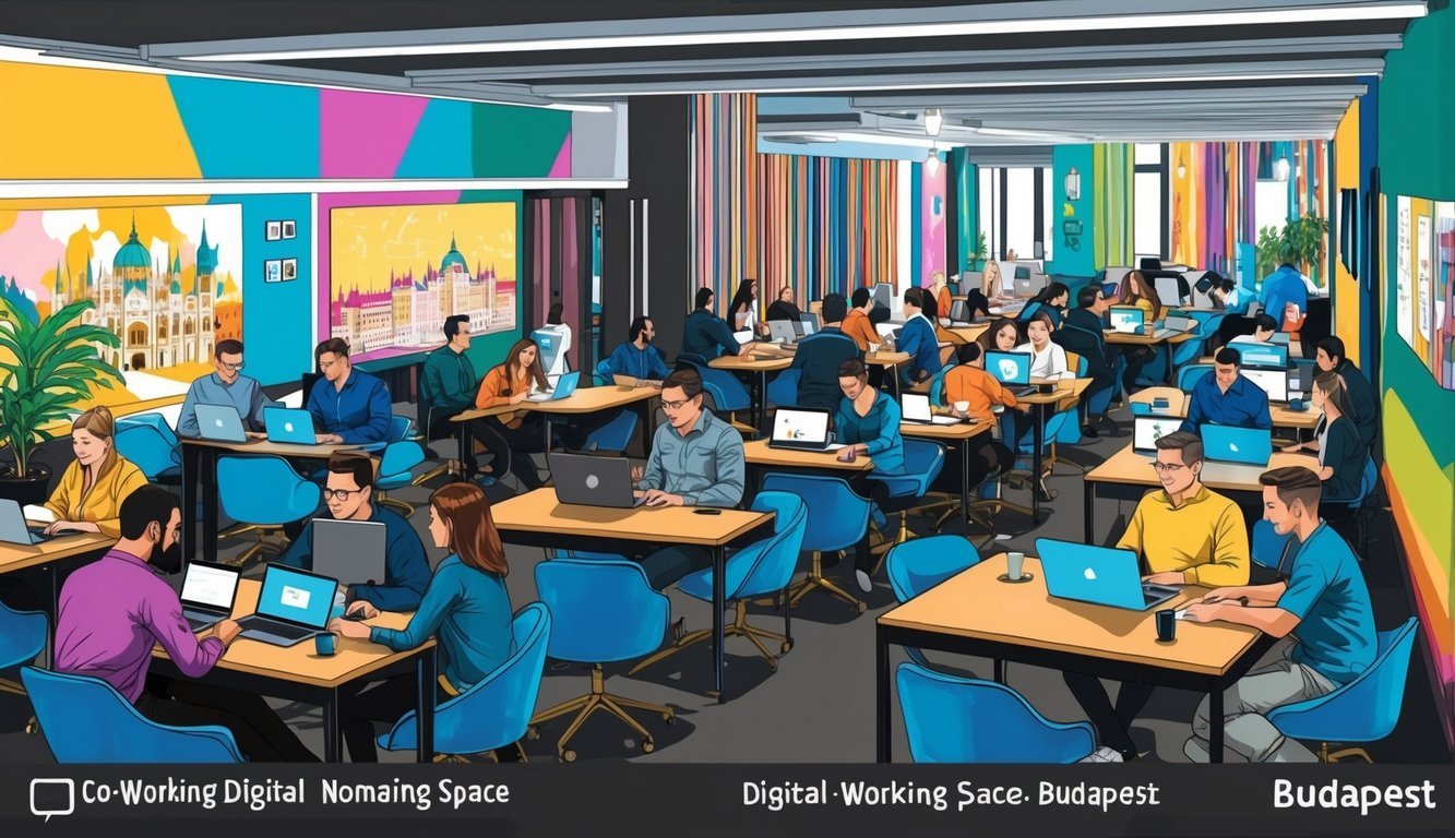 A bustling co-working space in Budapest, filled with digital nomads working on laptops, surrounded by colorful murals and modern decor