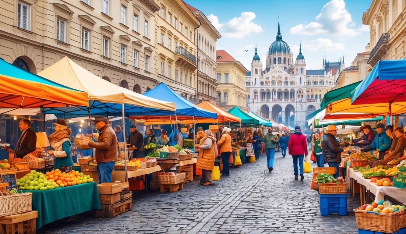 A bustling street market in Budapest, Hungary, with colorful tents and vendors selling local crafts and produce, surrounded by historic buildings and cobblestone streets