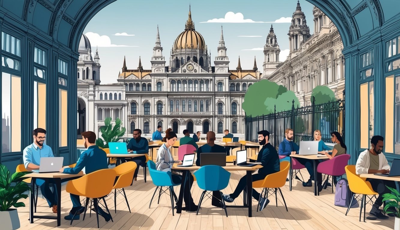 A bustling co-working space in Budapest, with diverse digital nomads working at their laptops amidst the city's historic architecture