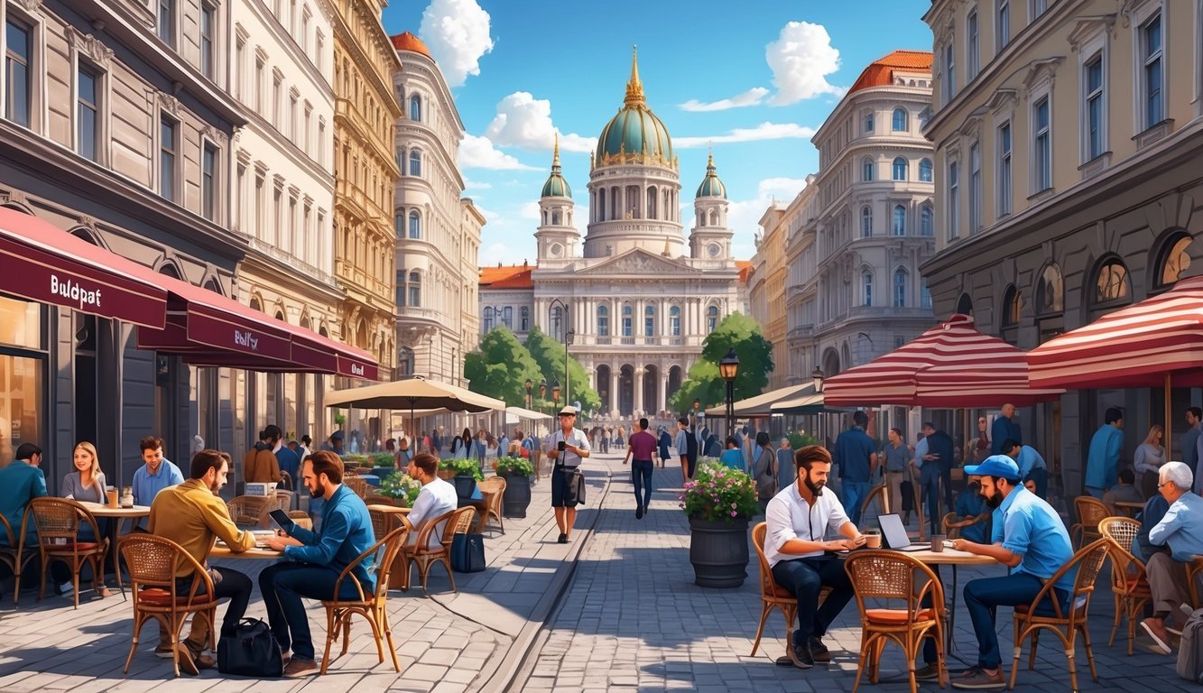 A bustling street in Budapest with a digital nomad working at a cafe, surrounded by iconic architecture and locals going about their day