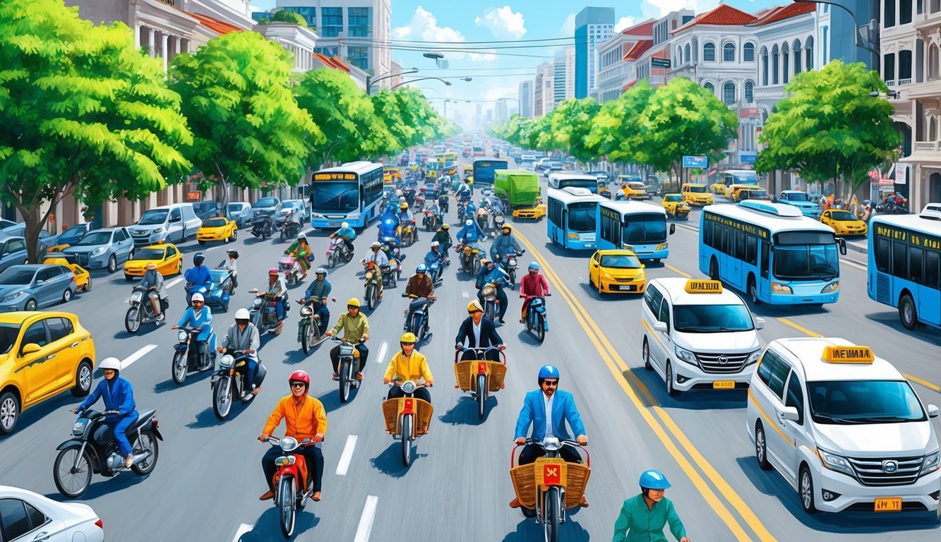 Busy streets of Ho Chi Minh City with motorbikes weaving through traffic, traditional cyclos transporting passengers, and modern buses and taxis navigating the bustling city