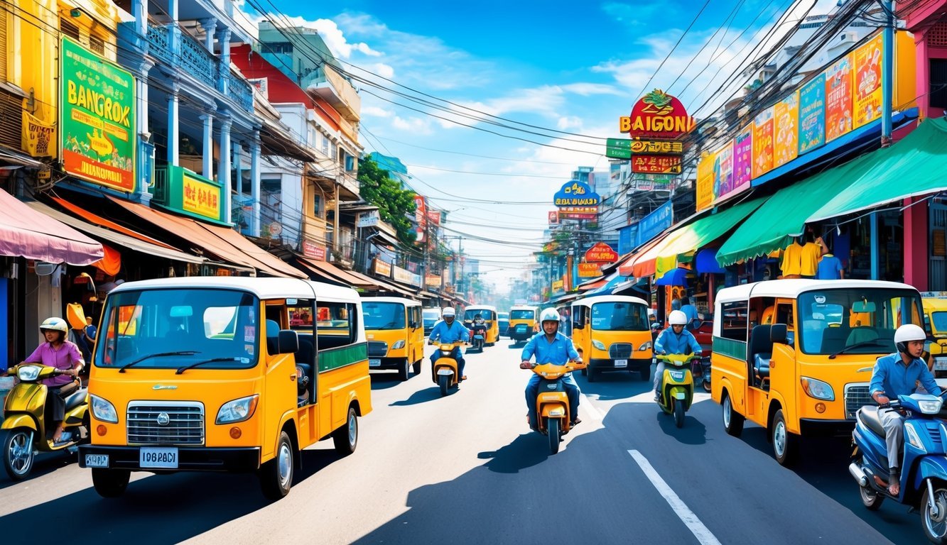 A bustling street in Bangkok with tuk-tuks, motorbikes, and street vendors surrounded by colorful buildings and vibrant signs