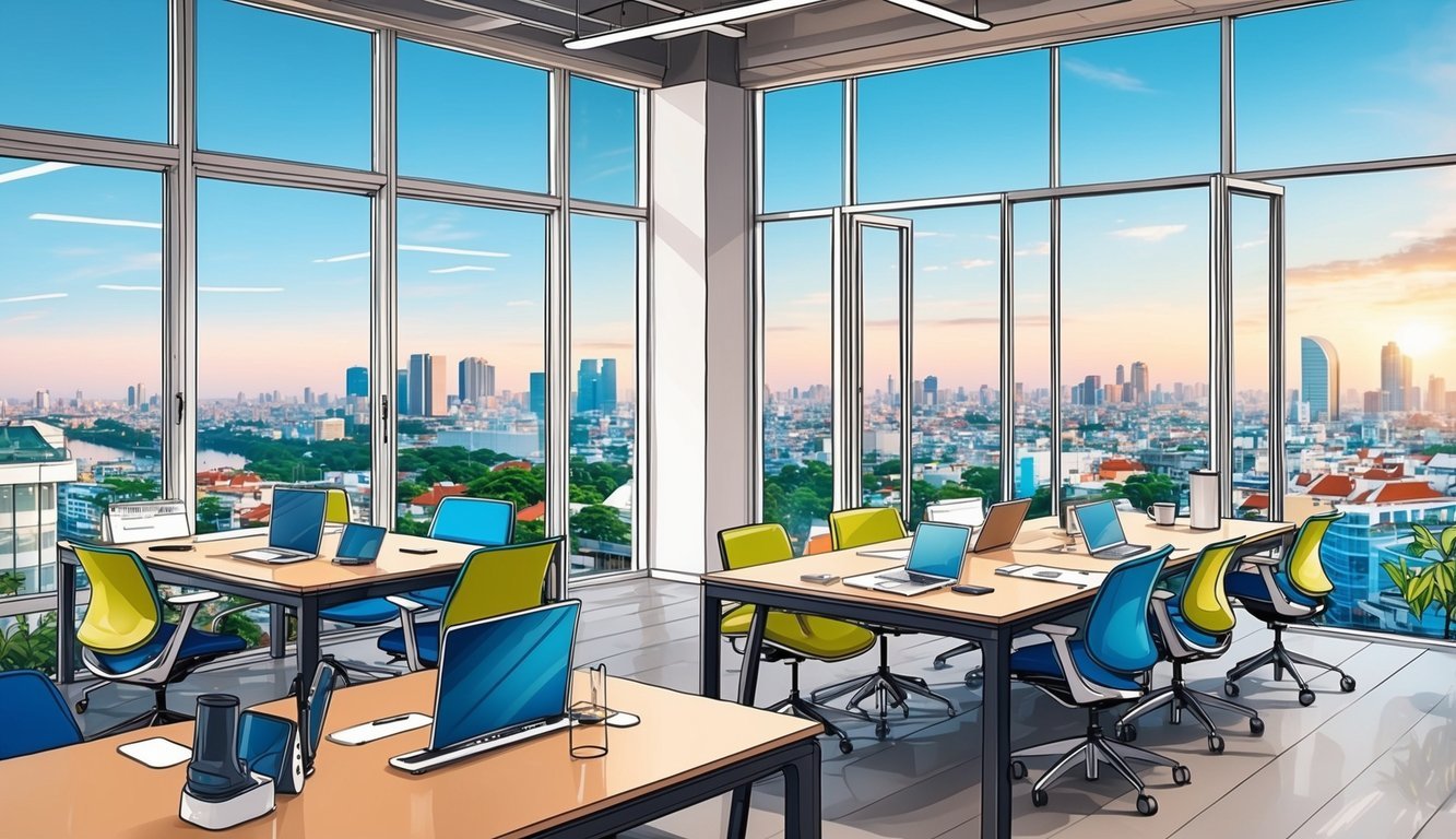A bustling coworking space in Ho Chi Minh City, with modern ergonomic furniture and bright, open windows overlooking the city skyline