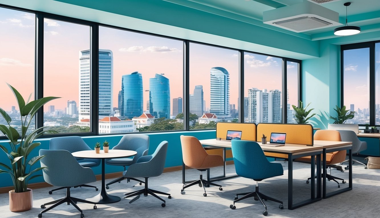 A bustling co-working space in Ho Chi Minh City, with modern office furniture and a city skyline visible through large windows