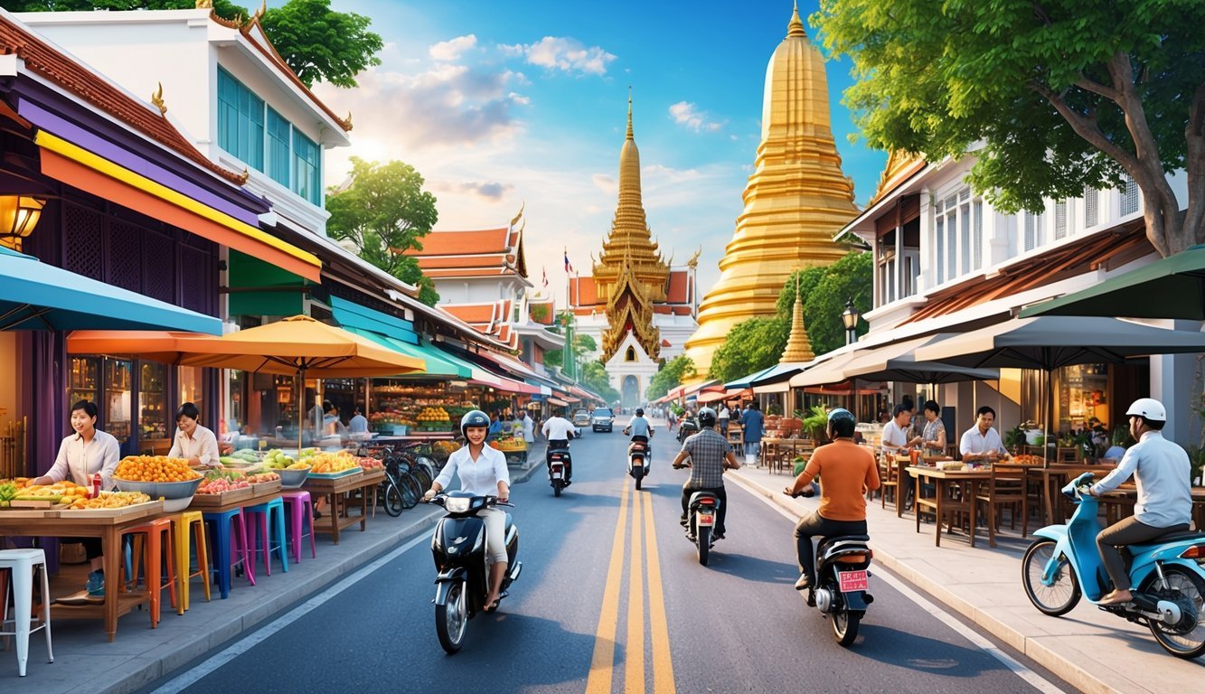 A bustling Bangkok street lined with colorful food stalls, modern cafes, and traditional temples, with people riding scooters and bicycles