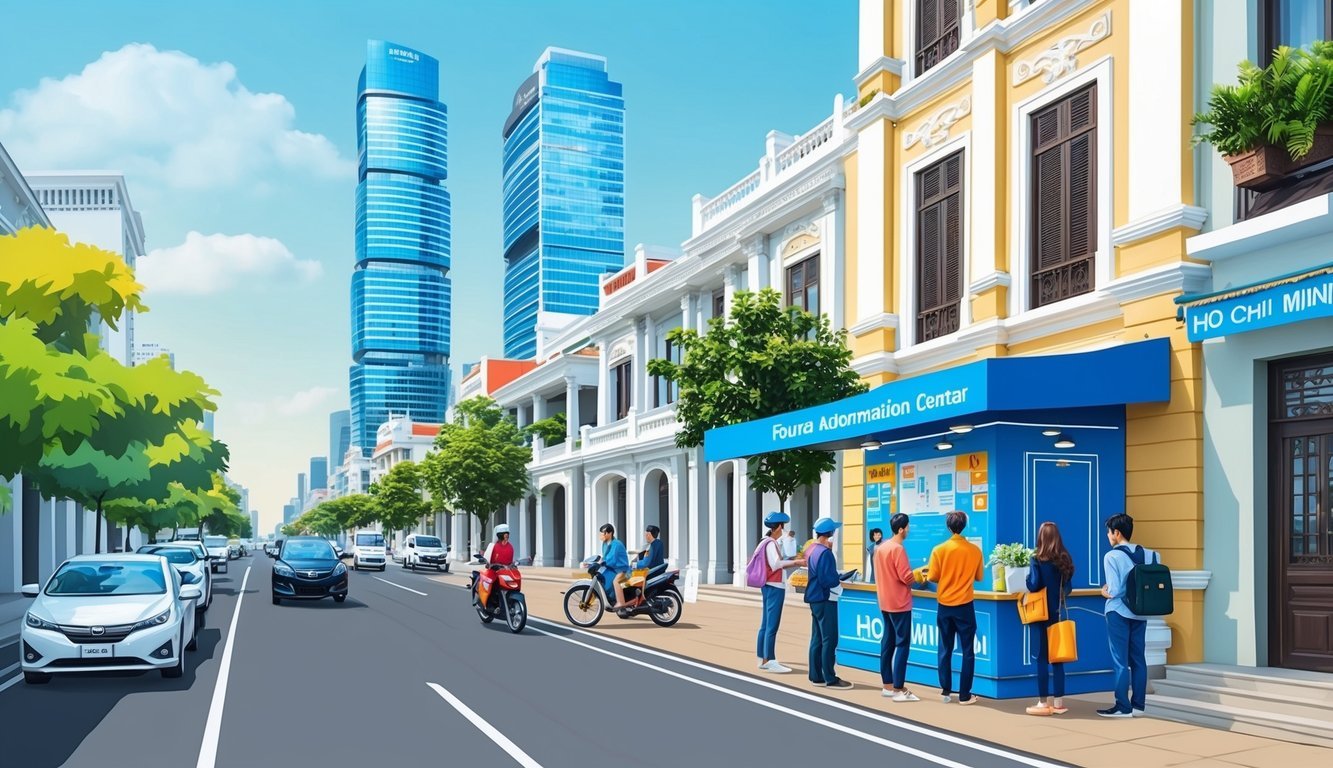 A bustling street in Ho Chi Minh City with modern skyscrapers and traditional Vietnamese architecture, filled with digital nomads seeking information at a tourist information center