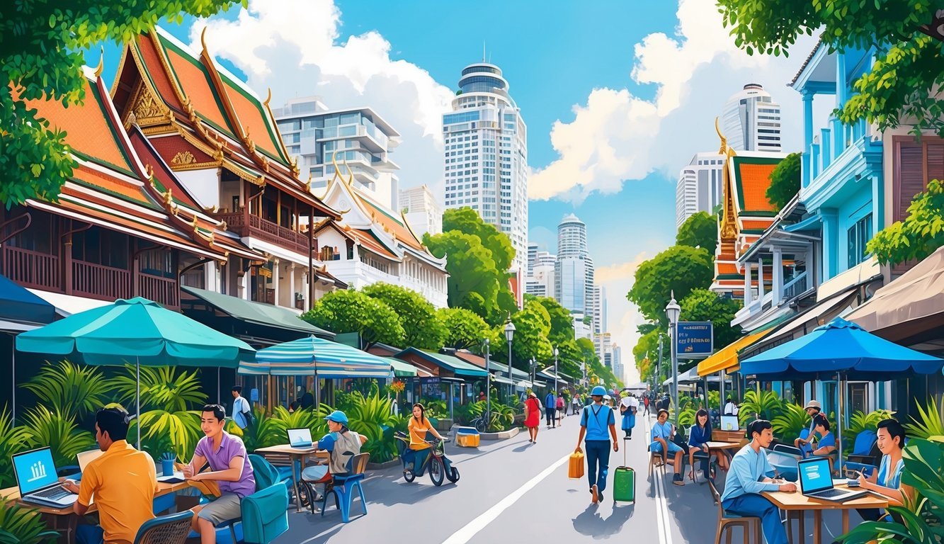 A bustling Bangkok street with a mix of traditional and modern buildings, surrounded by lush greenery and filled with diverse travelers and remote workers