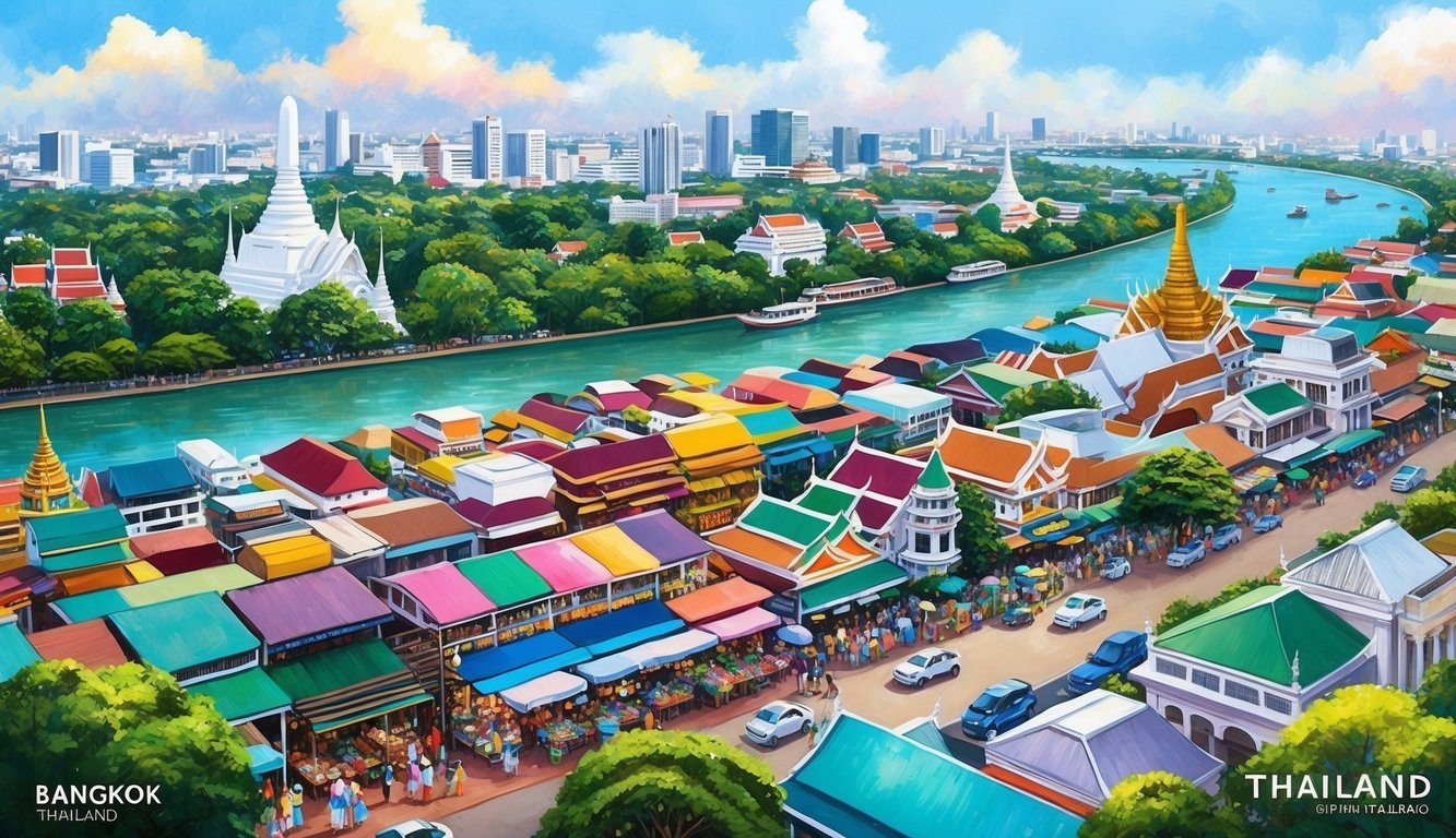 The vibrant city of Bangkok, Thailand, with its bustling streets and colorful markets, set against a backdrop of lush greenery and the Chao Phraya River