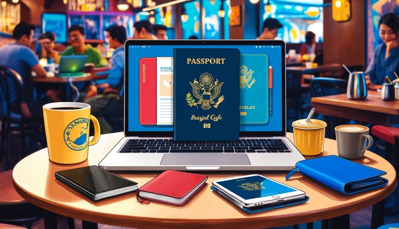 A digital nomad's passport and laptop surrounded by travel essentials in a bustling Bangkok cafe