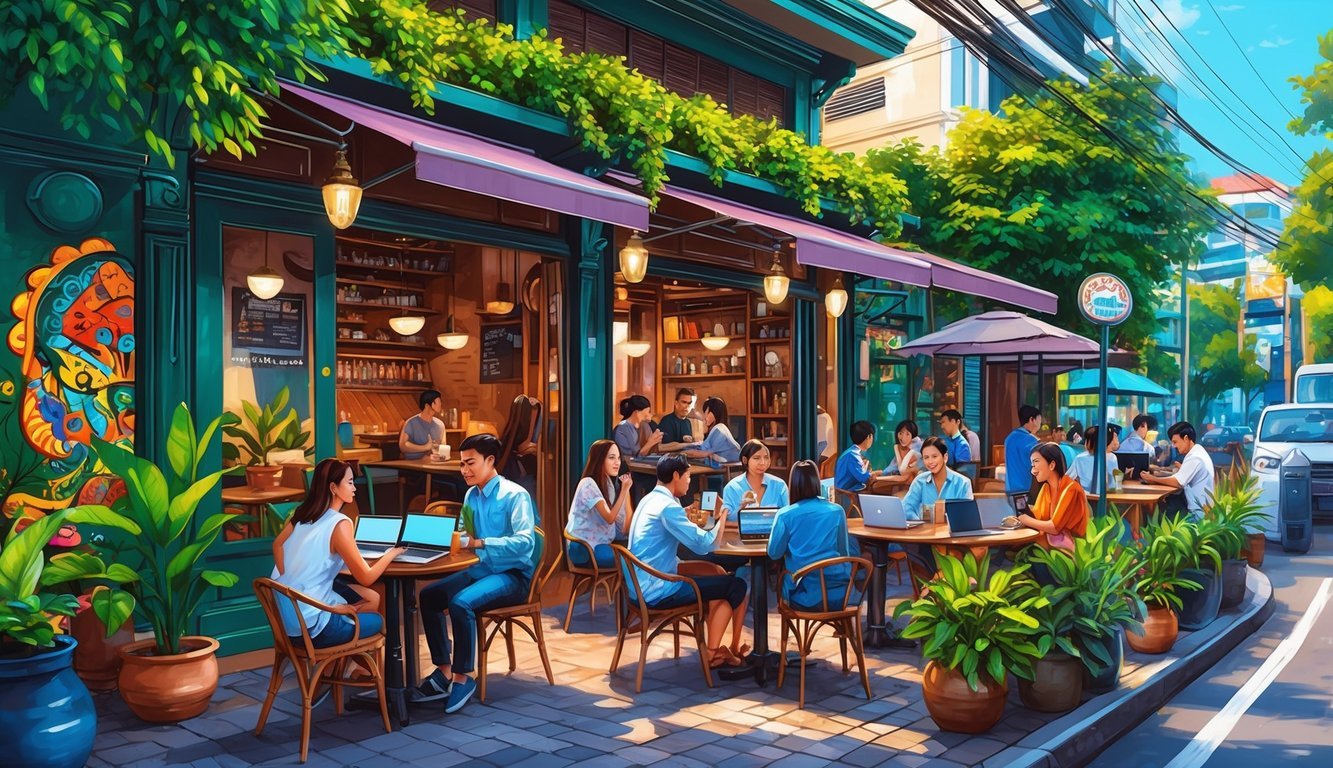 A cozy cafe in Bangkok, filled with laptops and people chatting over coffee, surrounded by lush greenery and colorful street art