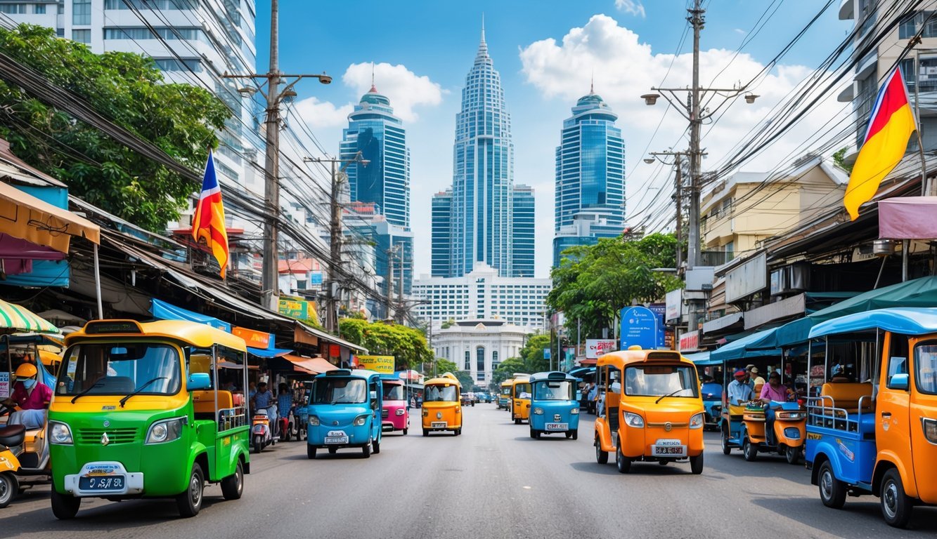 A bustling Bangkok street with skyscrapers in the background, surrounded by bustling markets and colorful tuk-tuks