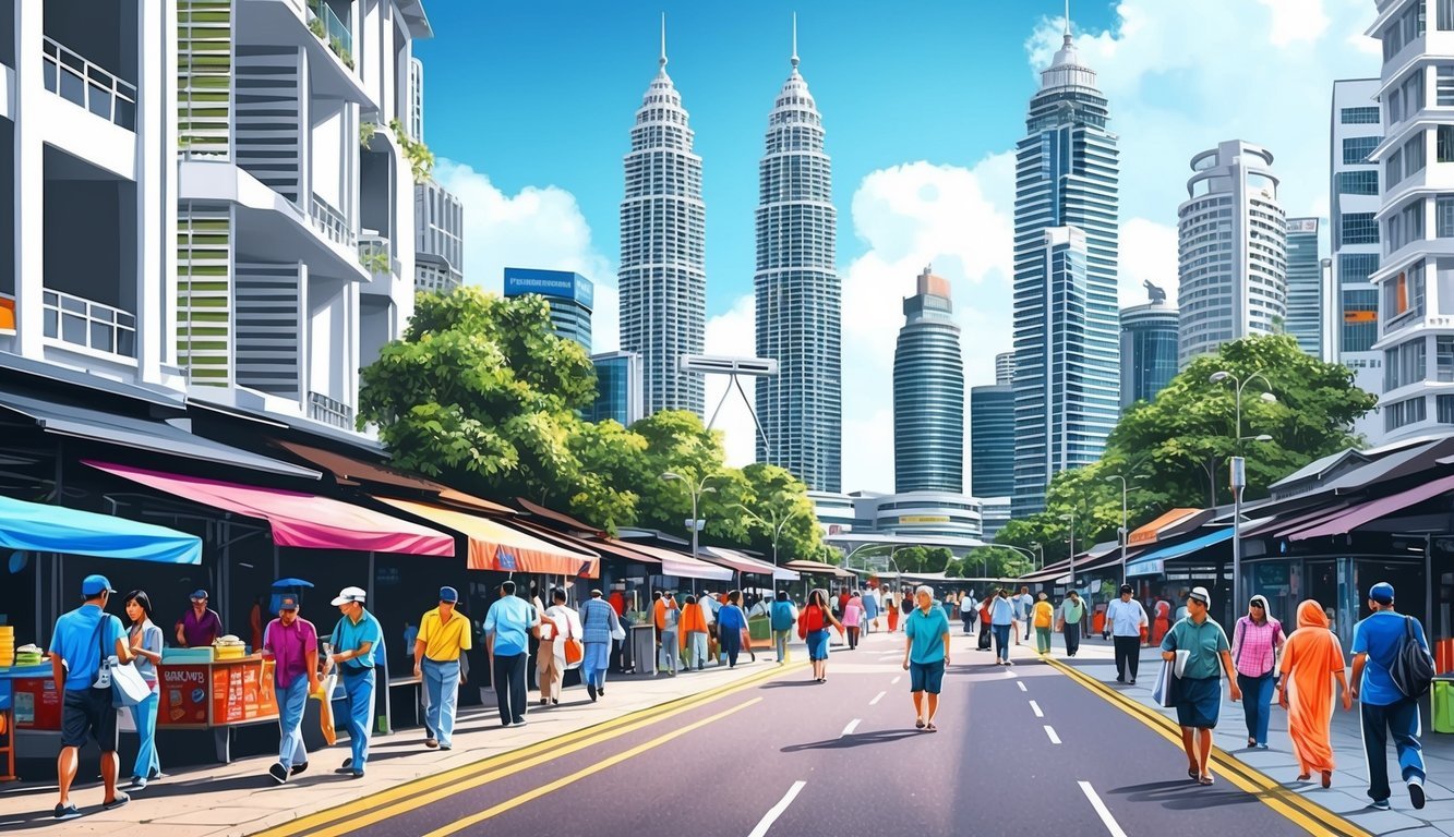 A bustling street in Kuala Lumpur with modern skyscrapers, street vendors, and people walking and commuting