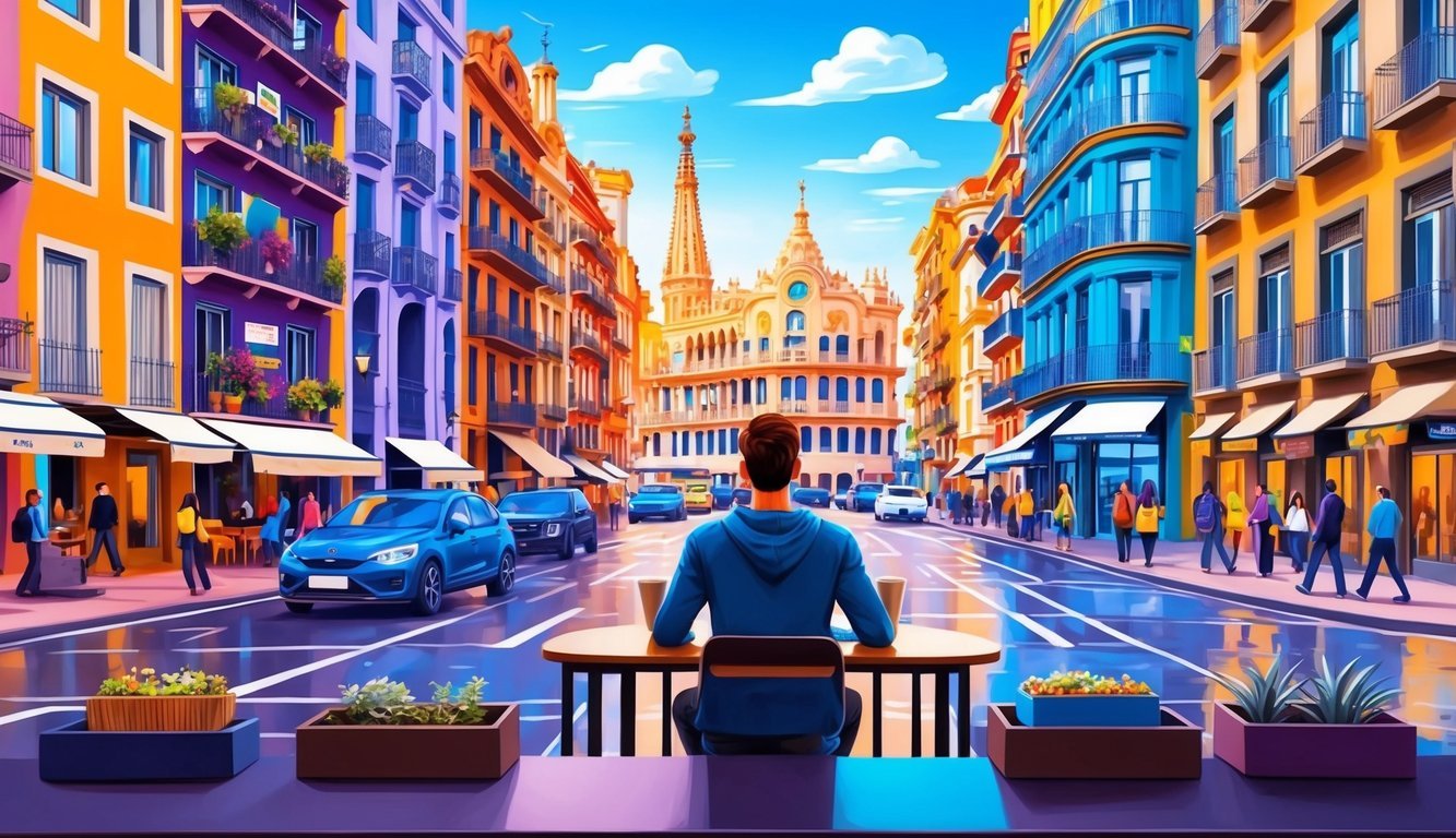A digital nomad sits at a cafe, surrounded by colorful buildings and bustling streets in Barcelona, Spain.</p><p>The cityscape includes iconic architecture and vibrant energy